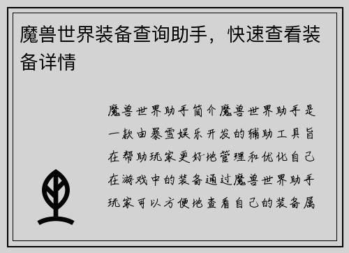 魔兽世界装备查询助手，快速查看装备详情