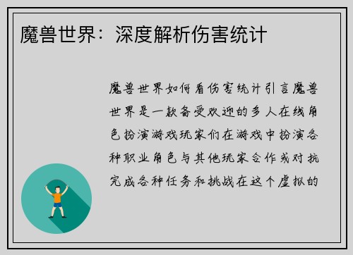 魔兽世界：深度解析伤害统计